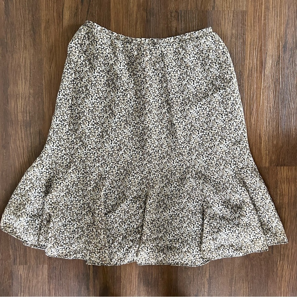 🦋 Vintage Cream Black Floral Ruffle Midi Skirt Size 8